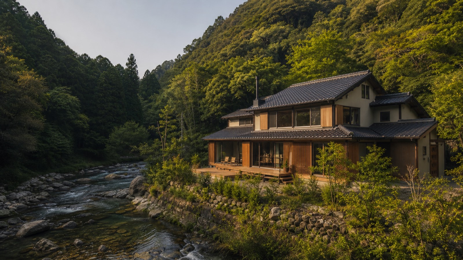 川と森を望む二階建ての一軒家